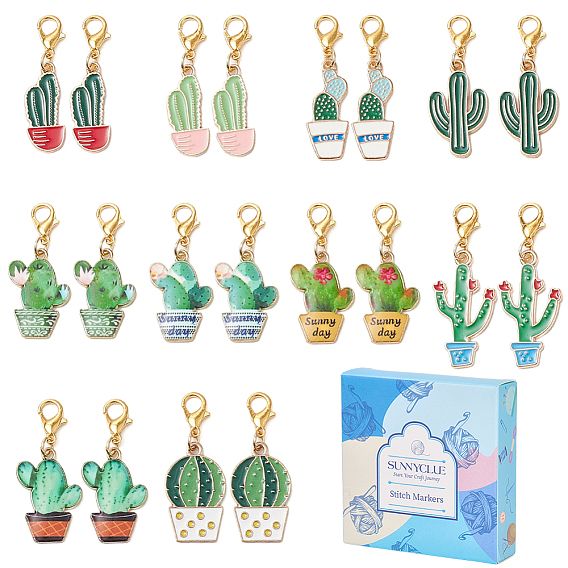 20 шт 10 стили кактус сплав эмаль подвеска украшения, Подвески с застежками-когтями омара для украшения сумок, с 1кольцами-подвесками из латуни для бокалов из поликарбоната