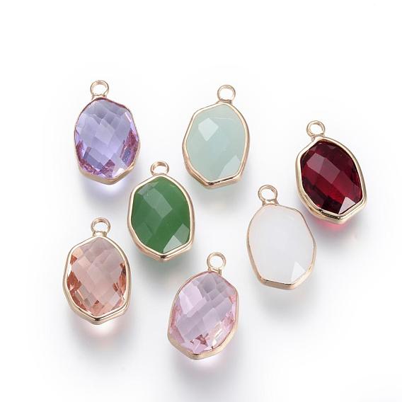 Glass Pendants, with Brass Findings, Faceted, Oval