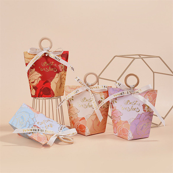 Коробки для упаковки подарков из бумаги и конфет в европейском стиле с лентой и деревянной ручкой, складные ящики для хранения на свадьбу