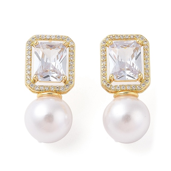 Серьги-гвоздики из латуни с микро-паве из прозрачного кубического циркония для женщин, с пластмассовой жемчужиной abs, без кадмия и без свинца, долговечный, прямоугольные