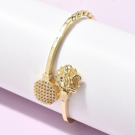 Браслеты-манжеты из латуни с микропаве из прозрачных кубических цирконий для женщин, плоские круглые и цветок