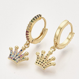 Brass Micro Pave Colorful Cubic Zirconia Dangle Hoop Earrings, Crown, Real 16K Gold Plated