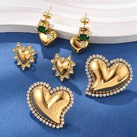 Сердце 304 серьги-гвоздики из нержавеющей стали с микропаве из кубического циркония