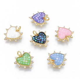 Brass Micro Pave Clear Cubic Zirconia Pendants, with Jump Rings and Shell, Enamel, Real 18K Gold Plated, Nickel Free, Heart