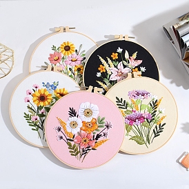 DIY Flower Pattern Embroidery Kits, Including Printed Cotton Fabric, Embroidery Thread & Needles, Embroidery Hoops