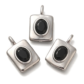 304 Stainless Steel Jet Rhinestone Pendants, Rectangle