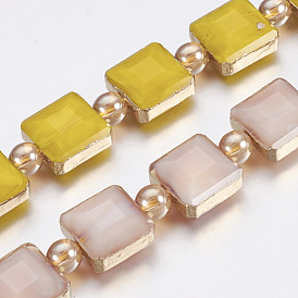 Opaque Glass Beads Strands, with Brass Findings, Faceted, Square