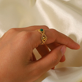 18K Gold Stainless Steel Peacock Green Stone Ring - Fashionable and Versatile Women's Jewelry