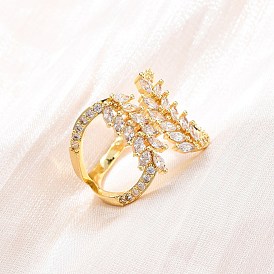 Латунные кольца-манжеты с микропаве и прозрачным цирконием для женщин, лист, стойки покрытие, без кадмия и без свинца, прочное покрытие