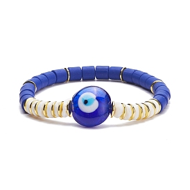 Handmade Polymer Clay & Natural Shell Beads Stretch Bracelet, Flat Round with Evil Eye Lampwork Beads Lucky Bracelet for Women
