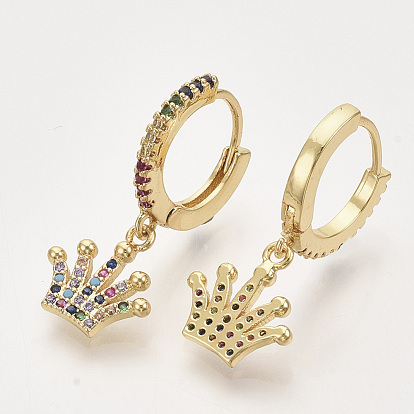 Brass Micro Pave Colorful Cubic Zirconia Dangle Hoop Earrings, Crown, Real 16K Gold Plated