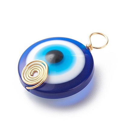 Transparent Evil Eye Resin Pendants, with Copper Wire Wrapped, Mixed Color, Flat Round Charm