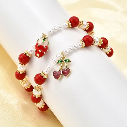 Латунь браслеты простирания, с эмалевыми подвесками и пластиковыми бусинами с имитацией жемчуга и стеклянными бусинами, стойки покрытие, золотые