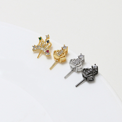 Brass Micro Pave Cubic Zirconia Crown Head Pins, for Baroque Pearl Making
