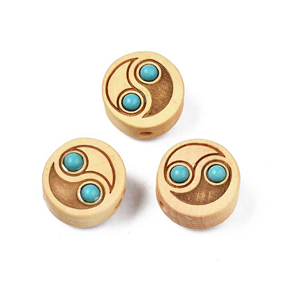 Perles de boisseaux, à la résine turquoise, non teint, plat rond avec motif yin yang