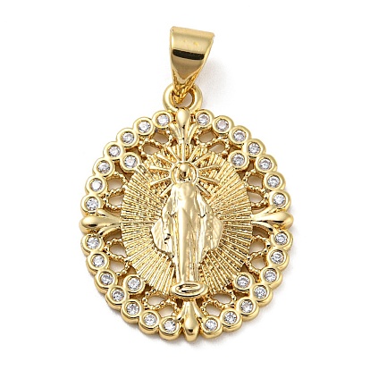 Placage de crémaillère en laiton micro pavé pendentifs en zircone cubique claire, sans cadmium et sans plomb, ovale avec saint