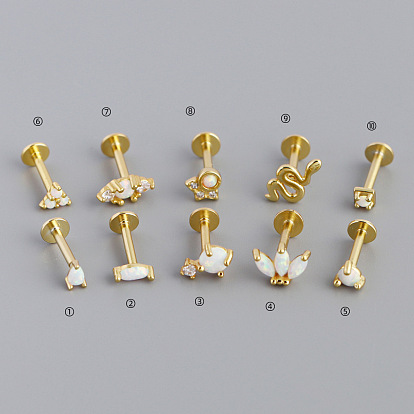 925 Серьги-подвески из стерлингового серебра с микропаве из прозрачных кубических цирконий и синтетическим опалом для хряща уха, лабреты с внутренней резьбой