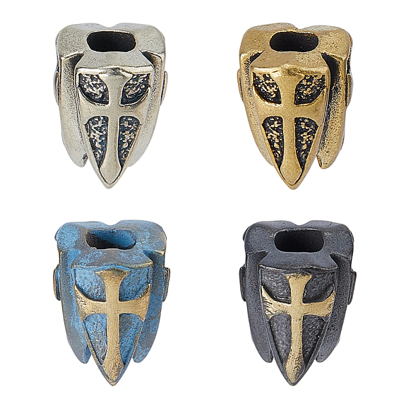 4Pcs 4 Styles Brass European Beads, Large Hole Beads, Cross & Shield