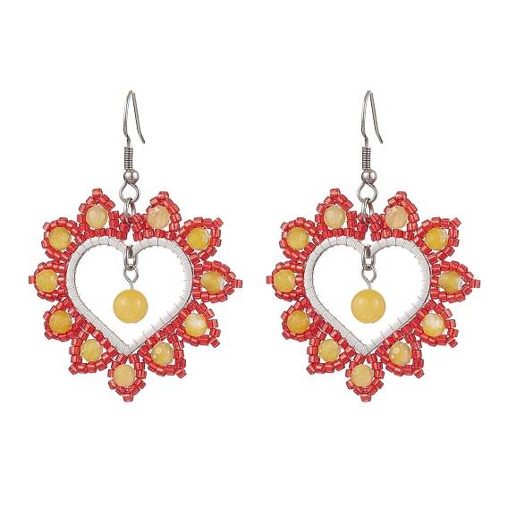 304 из нержавеющей стали болтаться серьги, со стеклянным семенем, сердце, цвет нержавеющей стали