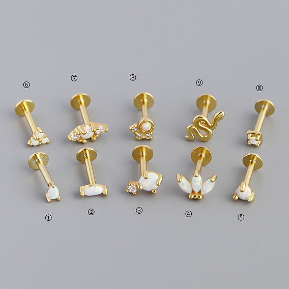 925 Серьги-подвески из стерлингового серебра с микропаве из прозрачных кубических цирконий и синтетическим опалом для хряща уха, лабреты с внутренней резьбой