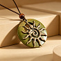 Wood Ring Brass Sun Pendant Adjustable Waxed Cord Necklaces, Olive Color