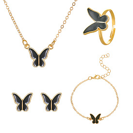 Alloy Butterfly Jewerly Set, Black Enamel Pendant Necklace & Adjustable Ring Stud Earrings & Link Bracelet
