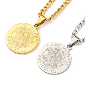 Flat Round with Saint Miller Archangel Pendant Necklaces, 304 Stainless Steel Curb Chain Necklaces