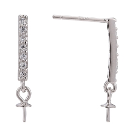 925 Sterling Silver Stud Earring Findings, with Cubic Zirconia, For Half Drilled Beads, Rectangle, Clear