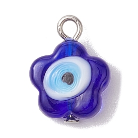 Handmade Evil Eye Lampwork Pendants, with Platinum Plated Iron Loop, Flower