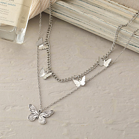 Boho Butterfly Layered Necklace with Antique Silver Pendant - Ethnic Vintage Jewelry