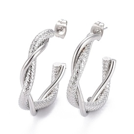 304 Stainless Steel Half Hoop Earrings, Stud Earrings, Hypoallergenic Earrings, with Ear Nut, Twisted, Textured, Ring
