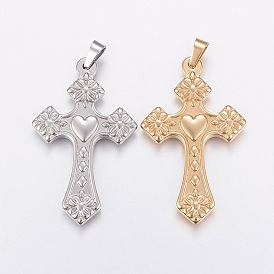 Ion Plating(IP) 304 Stainless Steel Big Pendants, Cross with Heart