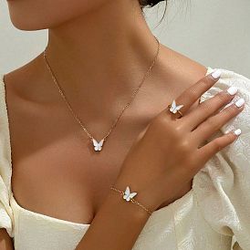 Butterfly Alloy Enamel Bracelets & Stud Earrings & Pendant Necklaces & Rings Sets for Women, Golden