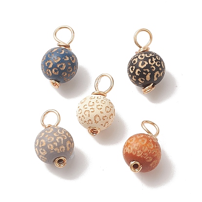 Painted Natural Wood Pendants, Round Charms with Leopard Print, with Eco-Friendly Light Gold Plated Copper Wire Loops