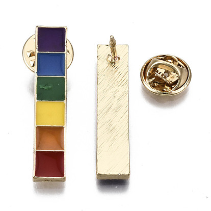 de China Broche de la aleación, pin de con de mariposa de latón, rectángulo de arco iris, la luz de oro 35x7x2 mm, pin: 1 mm a granel en