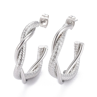 304 Stainless Steel Half Hoop Earrings, Stud Earrings, Hypoallergenic Earrings, with Ear Nut, Twisted, Textured, Ring