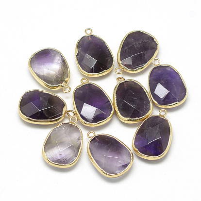 Natural Amethyst Pendants, with Iron Findings, Faceted, Trapezoid, Golden