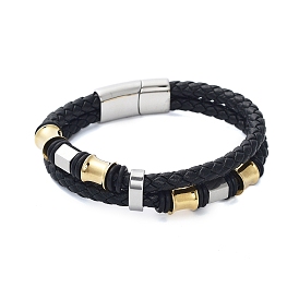 Men's Braided Black PU Leather Cord Bracelets, 304 Stainless Steel Link Bracelets with Magnetic Clasps