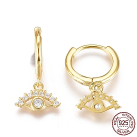925 Sterling Silver Huggie Hoop Earrings, with Clear Cubic Zirconia, with S925 Stamp, Evil Eye