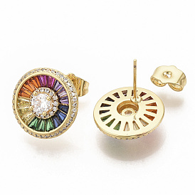 Brass Micro Pave Colorful Cubic Zirconia Stud Earrings, with Earring Backs, Flat Round, Real 16K Gold Plated