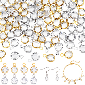 80Pcs 2 Colors 304 Stainless Steel with Glass Charms, Faceted Flat Round