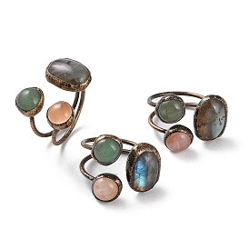 Oval & Round Natural Labradorite & Rose Quartz & Green Aventurine Open Cuff Rings, Red Copper Tone Brass Ring for Women