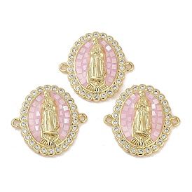 Rack Plating Brass Micro Pave Clear Cubic Zirconia Virgin Mary Connector Charms, Pink Enamel Oval Links with Shell,  Long-Lasting Plated, Lead Free & Cadmium Free