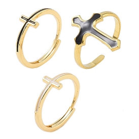 304 Stainless Steel Adjustable Finger Ring, Enamel Cross Ring for Women, Real 18K Gold Plated