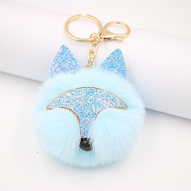Glitter Fox Head Plush Keychain with Alil Ball for Backpack and Theme Park Decoration