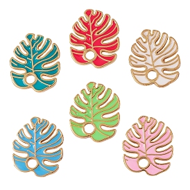 6Pcs 6 Colors Brass Enamel Pendants, Real 18K Gold Plated, Long-Lasting Plated, Leaf