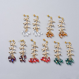 Dangle Stud Earring, with Electroplate Glass Beads, Brass Links and Cardboard Packing Box, Bamboo