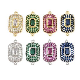 Brass Micro Pave Cubic Zirconia Connector Charms, Rectangle Links, Rack Plating, Long-Lasting Plated