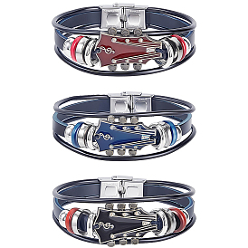 3Pcs 3 Colors Alloy & Leather Cord Bracelets for Men Women, Guitar