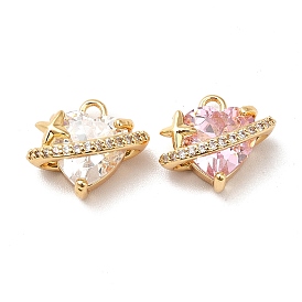 Brass Cubic Zirconia Charms, Real 18K Gold Plated, Heart with Star Charm